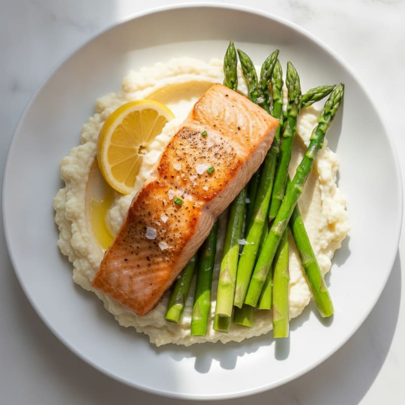 Seared Salmon Fillet with Steamed Asparagus and Cauliflower Mash