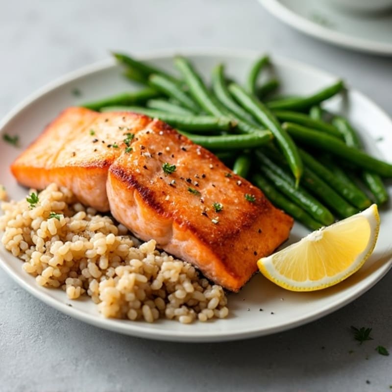 Seared Salmon with Steamed Green Beans and Brown Rice