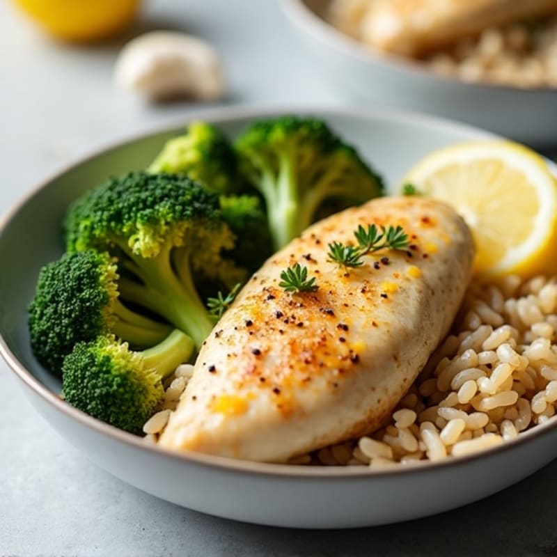Lemon Garlic Chicken with Roasted Broccoli and Fluffy Brown Rice
