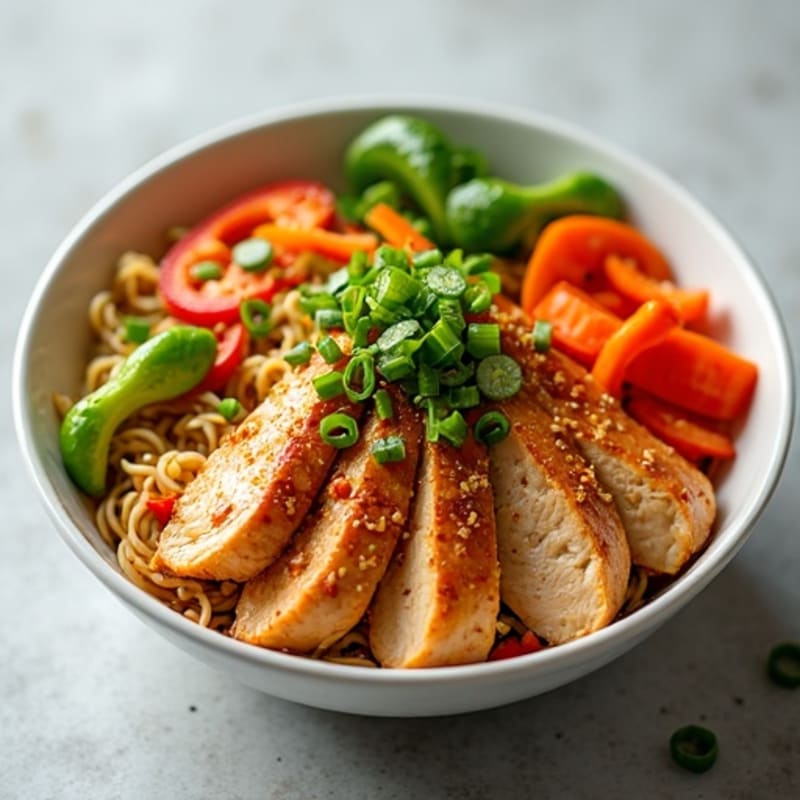 Spicy Sriracha Chicken Ramen Bowl with Fresh Vegetables