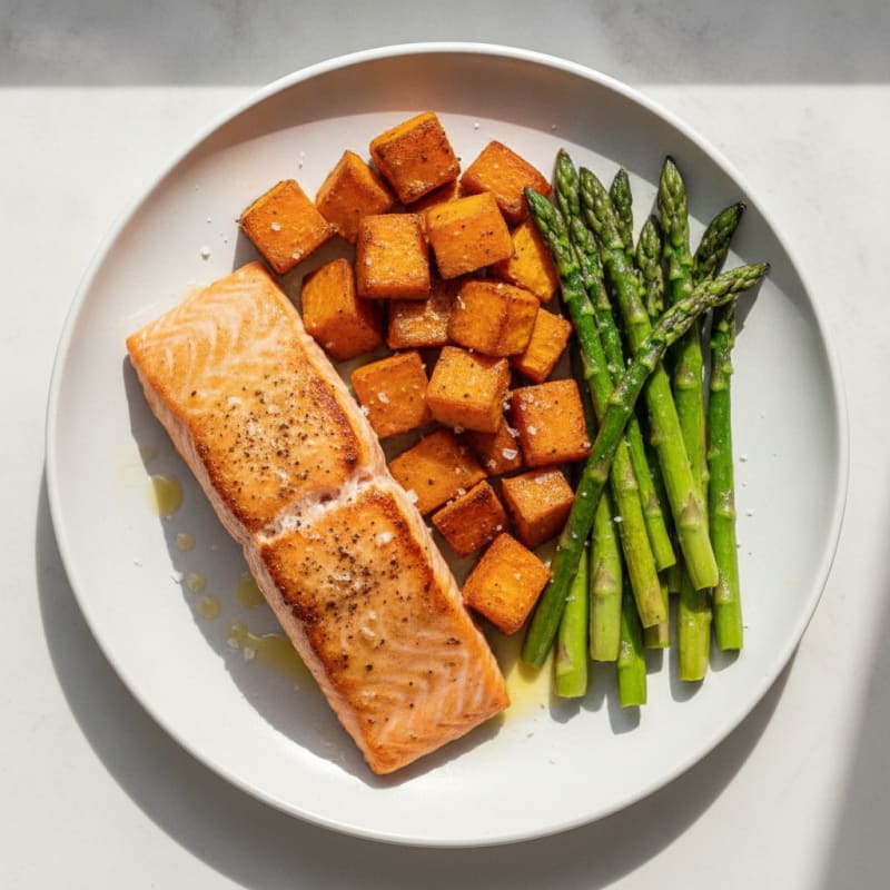 Seared Salmon with Roasted Sweet Potato and Asparagus