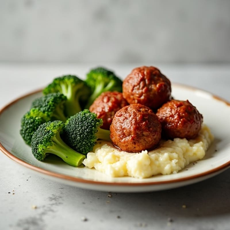 Red Meat Meatballs with Garlic Roasted Broccoli and Creamy Cauliflower Mash