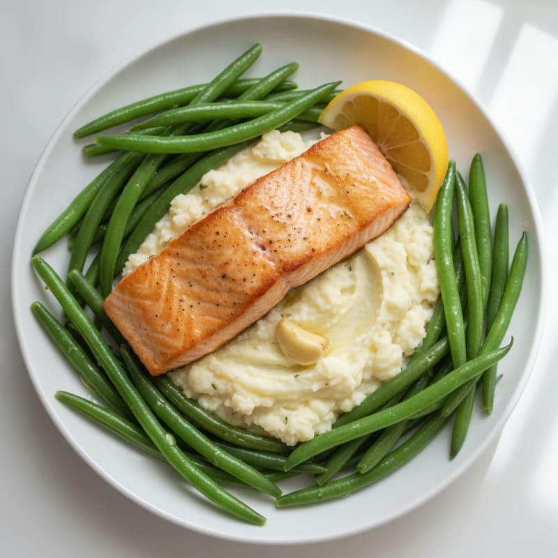 Seared Salmon with Steamed Green Beans and Garlic Mashed Cauliflower