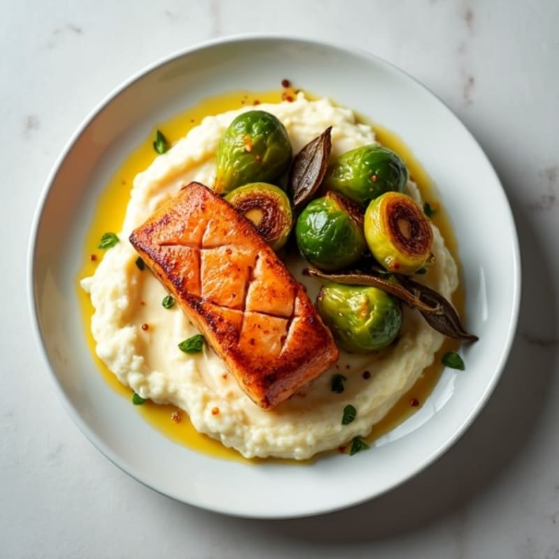 Seared Salmon Filet with Roasted Brussels Sprouts and Cauliflower Mash