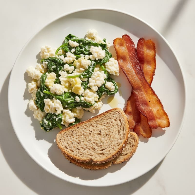 Egg White and Cottage Cheese Scramble with Spinach and Turkey Bacon