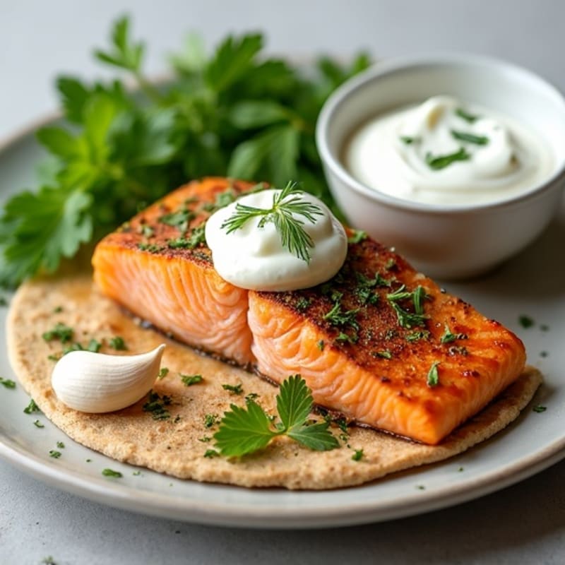 Herb-Crusted Salmon Flatbread with Creamy Garlic Sauce