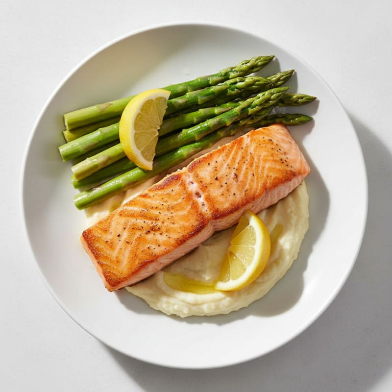 Seared Salmon with Steamed Asparagus and Garlic Cauliflower Mash