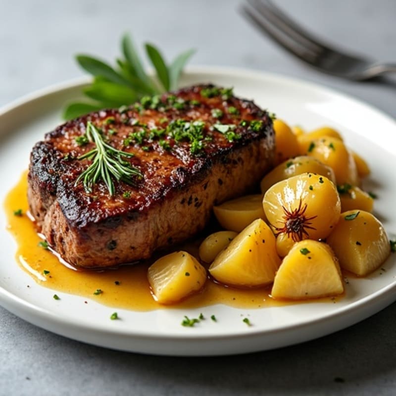 Herb-Crusted Pan Seared Steak with Roasted Garlic