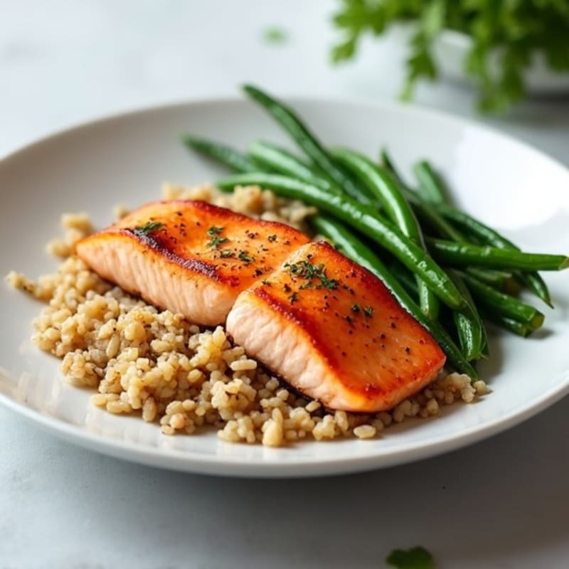 Seared Salmon Fillet with Steamed Green Beans and Brown Rice