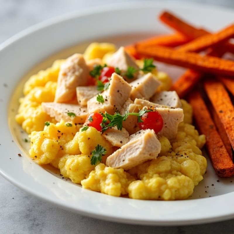 Egg White Chicken Scramble with Roasted Sweet Potato Fries