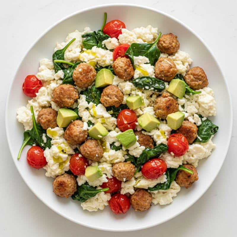 Egg White and Turkey Sausage Scramble with Spinach and Tomatoes