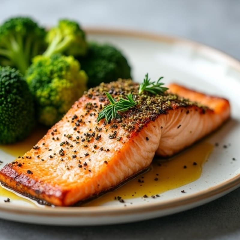 Herb-Crusted Pan Seared Salmon with Roasted Broccoli