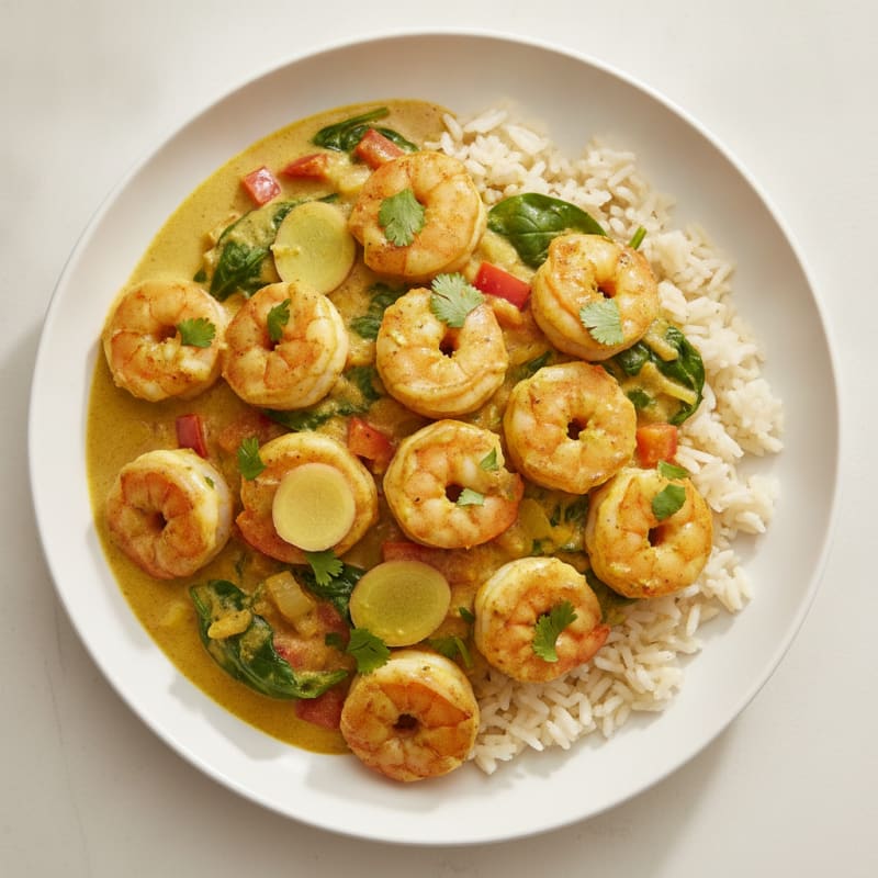 Shrimp Coconut Curry with Sona Masoori Rice
