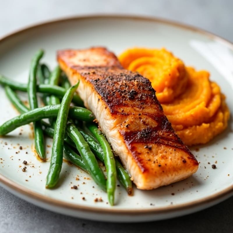 Seared Salmon with Steamed Green Beans and Sweet Potato Mash