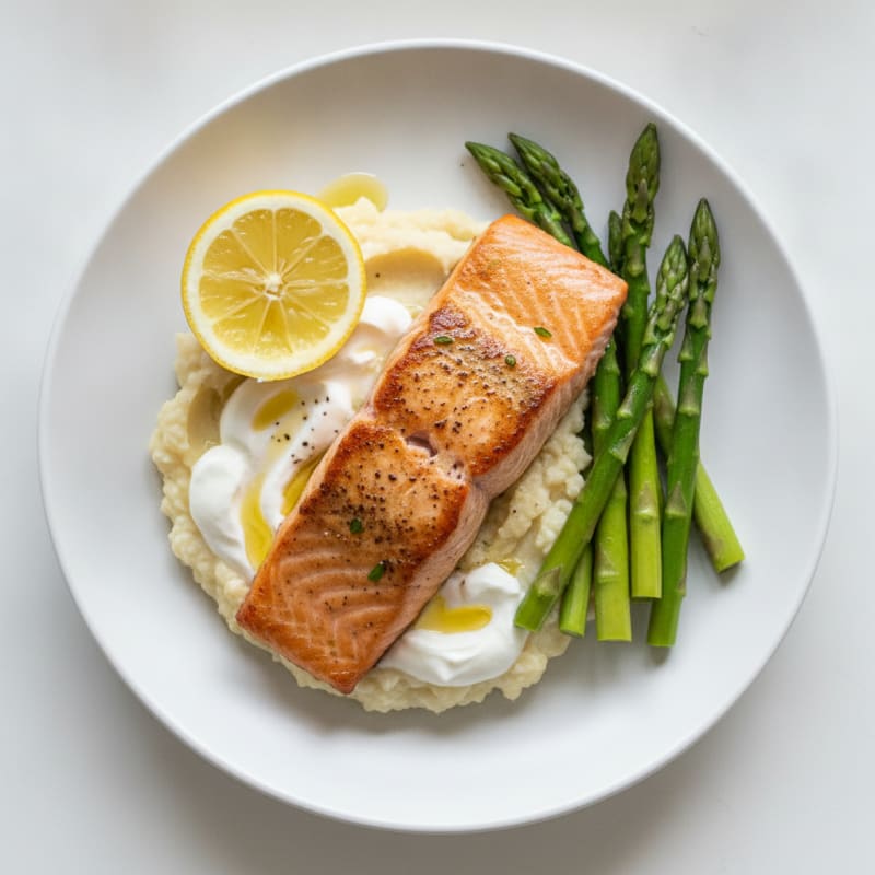 Seared Salmon Fillet with Steamed Asparagus and Cauliflower Mash