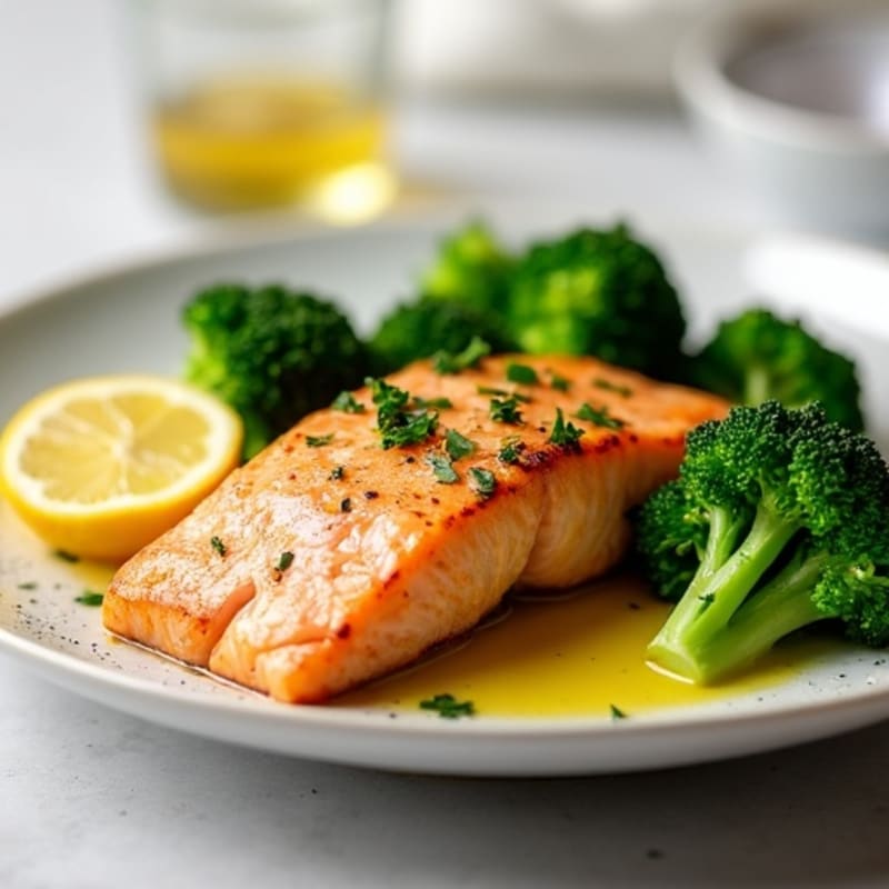 Seared Salmon Fillet with Steamed Broccoli and Lemon