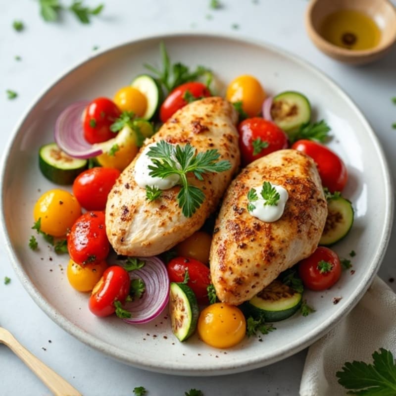Spiced Roasted Chicken with Fresh Vegetables and Creamy Garlic Sauce