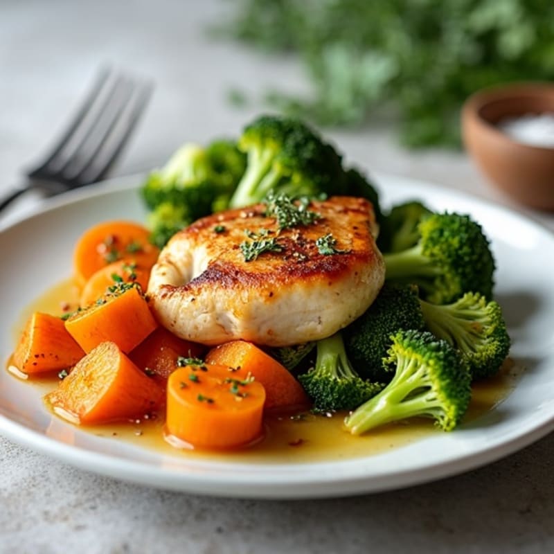 Roasted Chicken with Crispy Broccoli and Sweet Potatoes