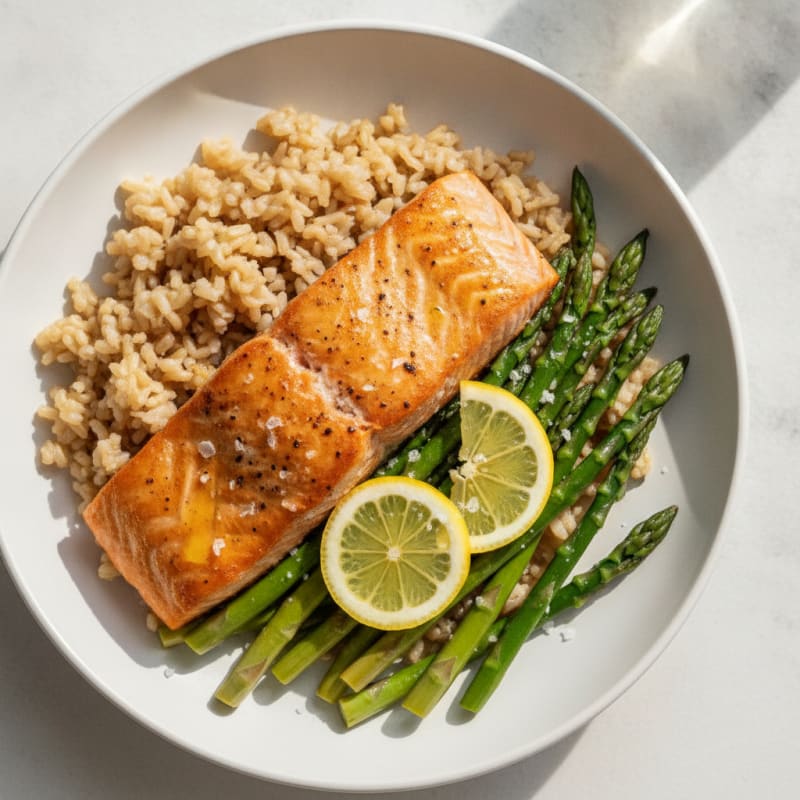 Seared Salmon Fillet with Steamed Asparagus and Brown Rice