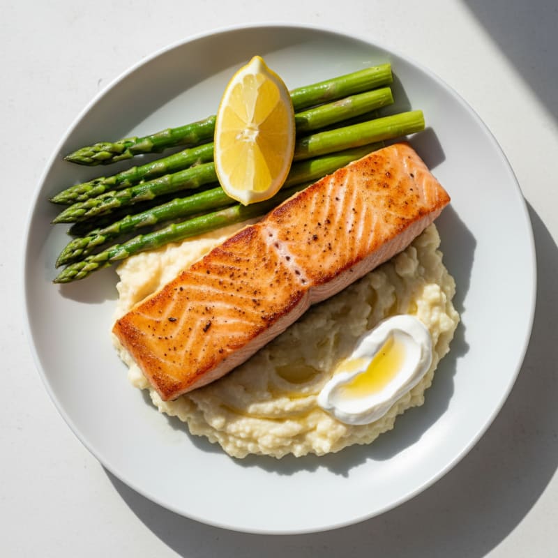 Seared Salmon with Steamed Asparagus and Cauliflower Mash