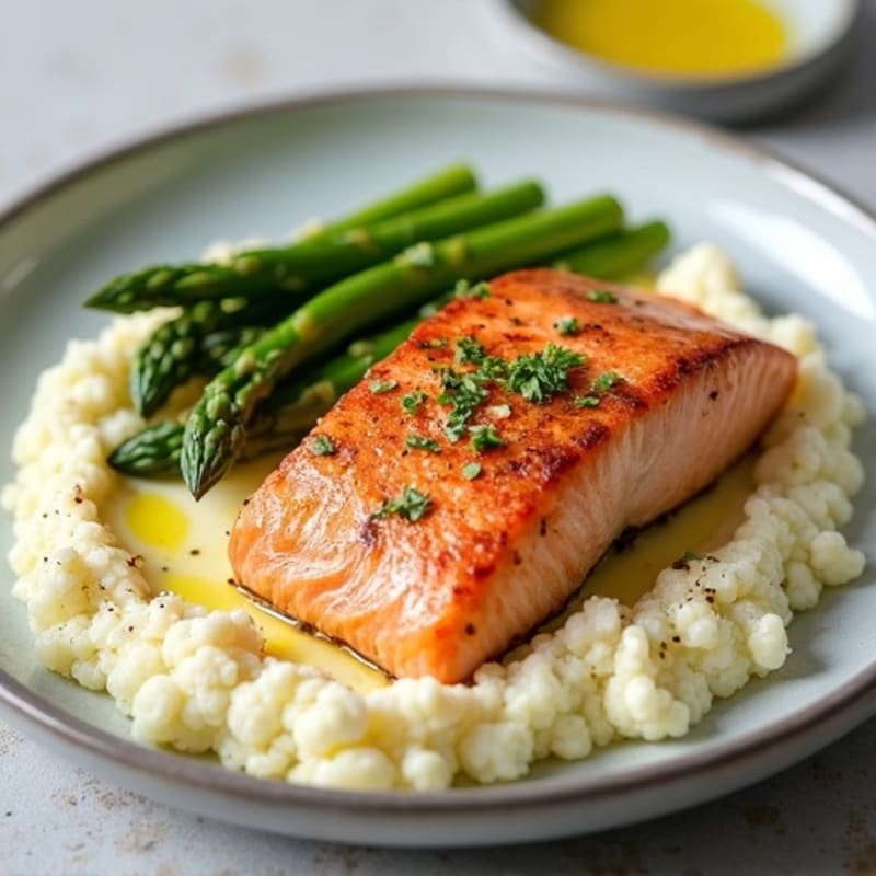 Seared Salmon with Steamed Asparagus and Cauliflower Mash
