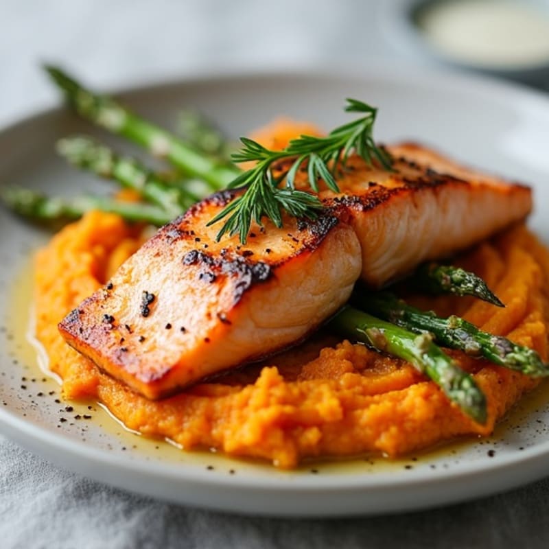 Seared Salmon Fillet with Roasted Asparagus and Sweet Potato Mash