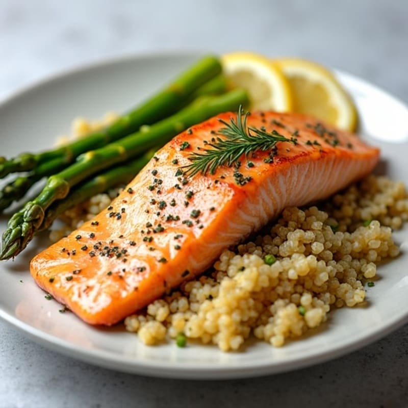 Flaky Lemon-Herb Roasted Salmon with Quinoa and Crispy Asparagus
