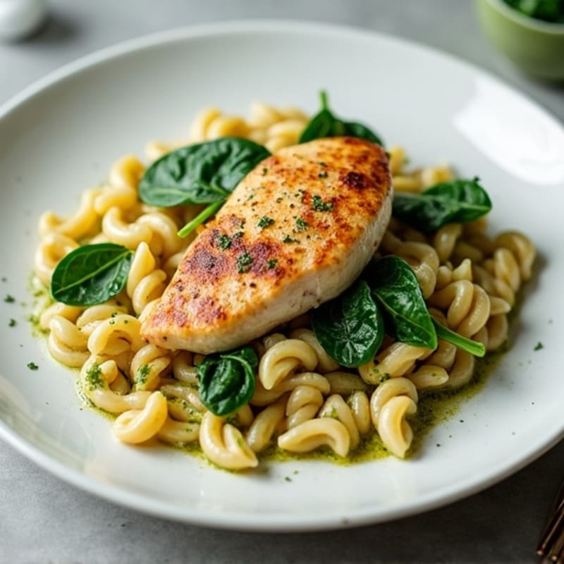 Pan-Seared Chicken with Creamy Pesto Pasta and Fresh Spinach