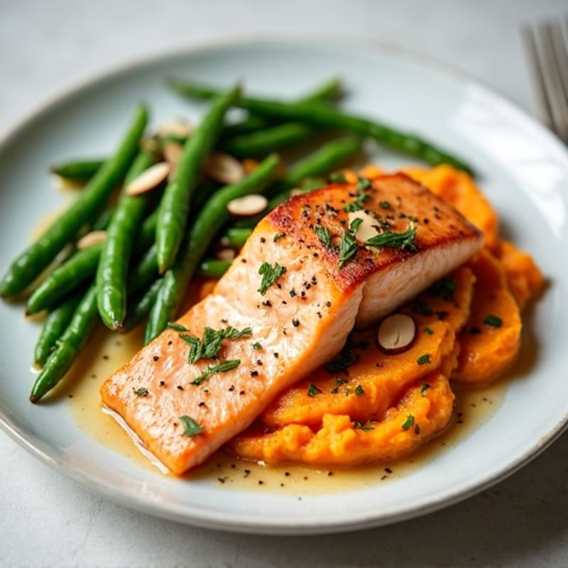Seared Salmon with Garlic Green Beans and Sweet Potato Mash