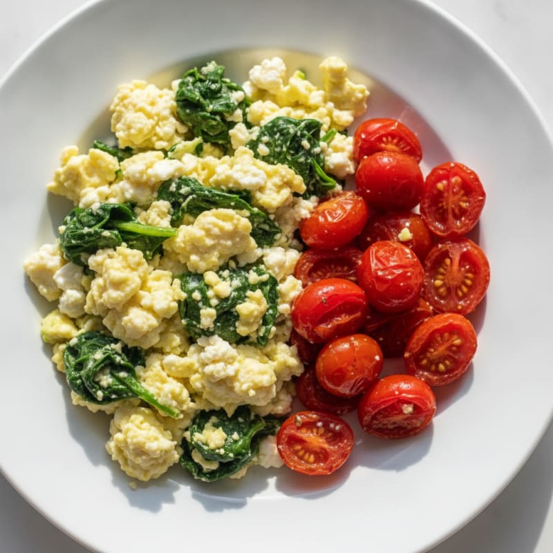 Egg White Spinach Scramble with Cottage Cheese and Cherry Tomatoes
