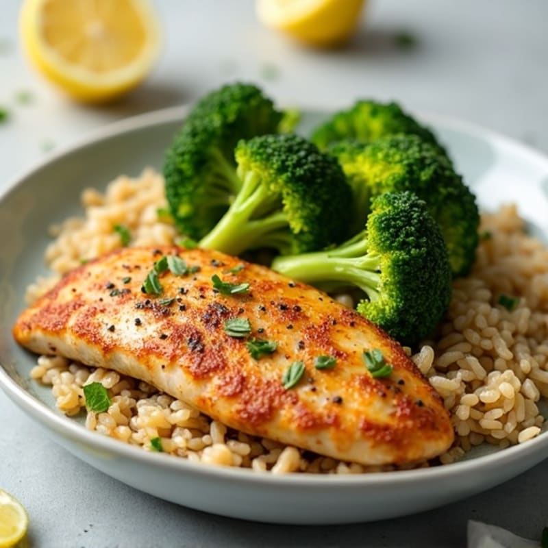 Crispy Lemon Herb Chicken with Fluffy Brown Rice and Roasted Broccoli