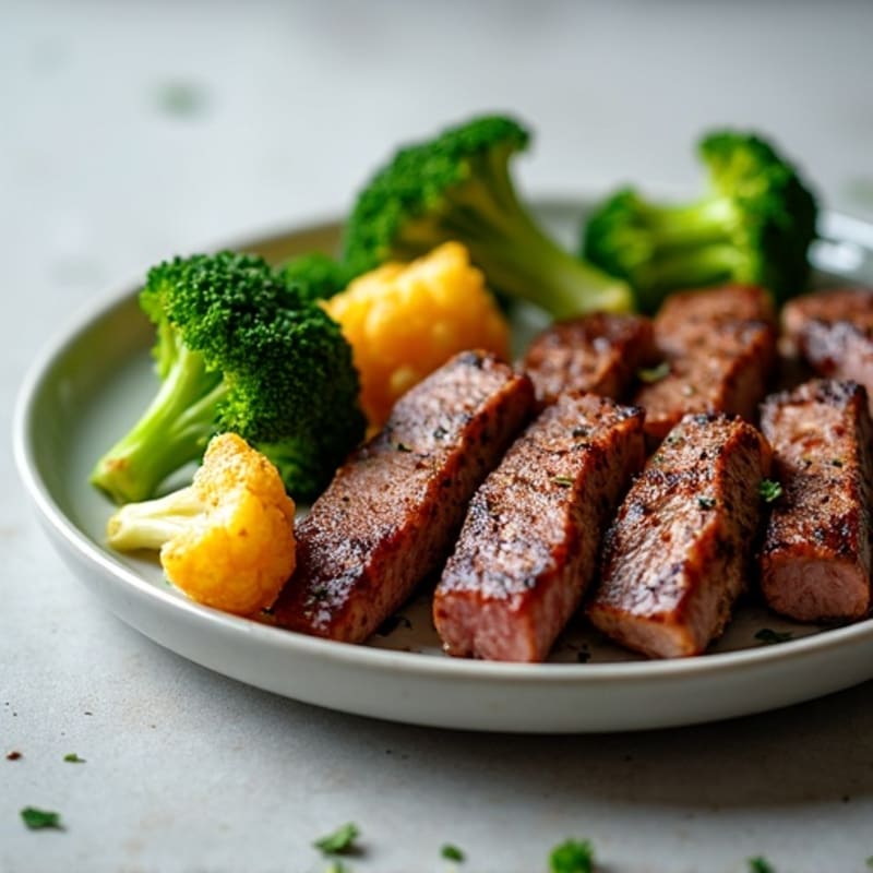 Seared Lean Beef Strips with Roasted Broccoli and Cauliflower