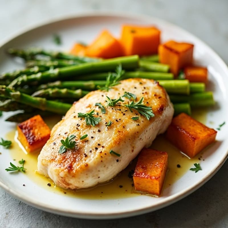 Lemon Garlic Pan-Seared Chicken with Roasted Asparagus