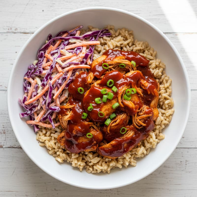 BBQ Pulled Chicken Rice Bowl with Slaw