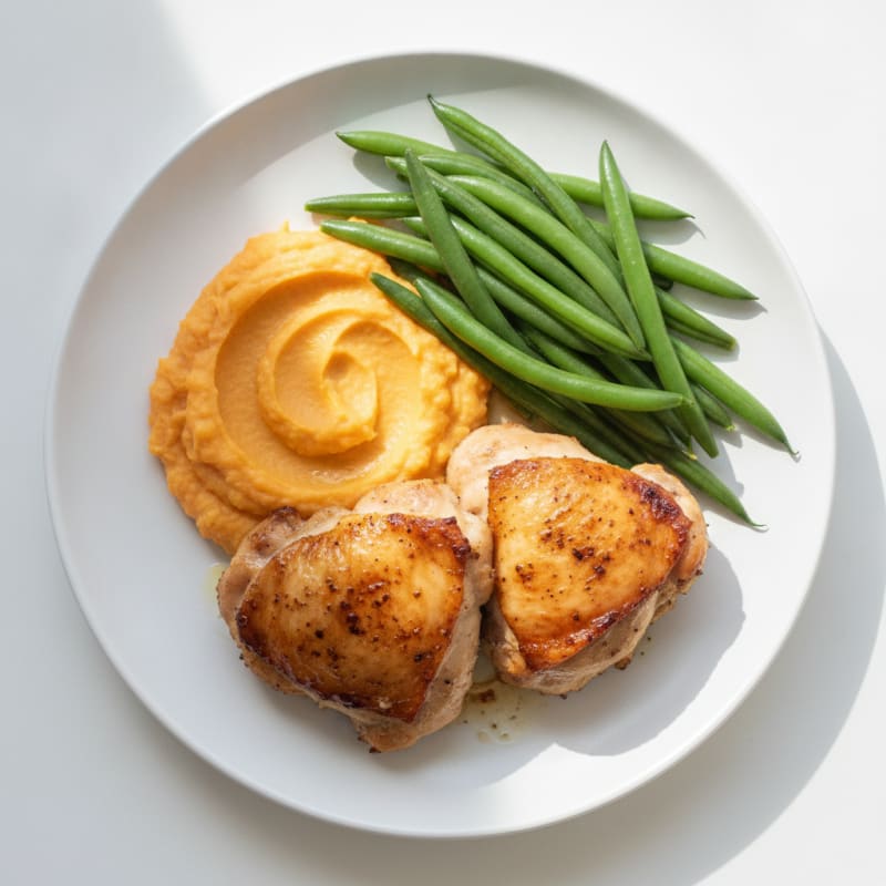 Baked Chicken Thighs with Steamed Green Beans and Sweet Potato Mash
