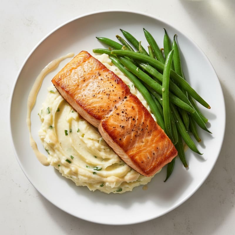 Seared Salmon with Steamed Green Beans and Garlic Mashed Potatoes