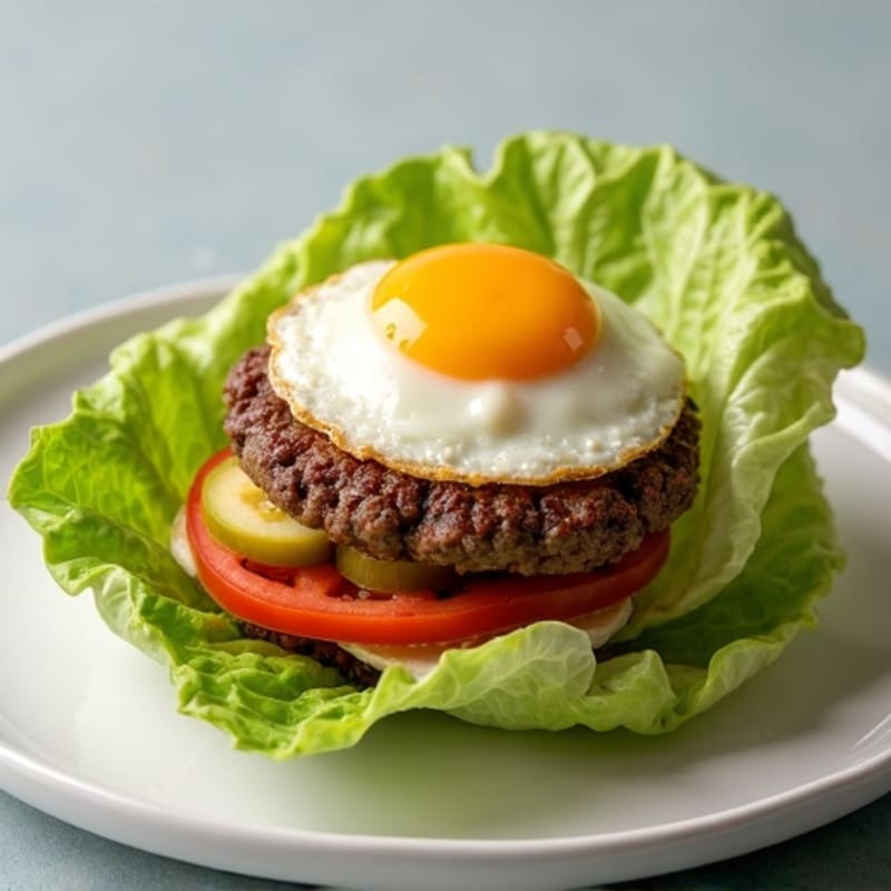 Lean Beef Burger Lettuce Wrap with Tomato and Pickles