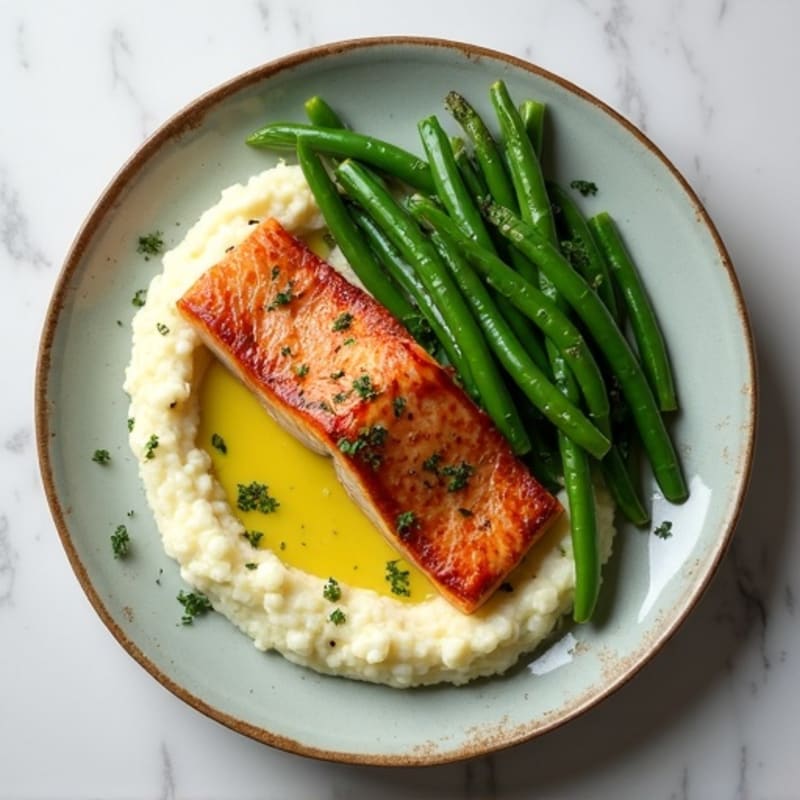 Seared Salmon with Crispy Green Beans and Herb-Cauliflower Mash