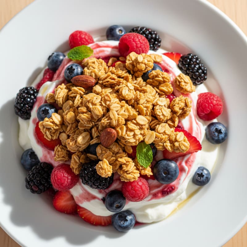 Greek Yogurt Parfait with Mixed Berries and Crunchy Almond Granola