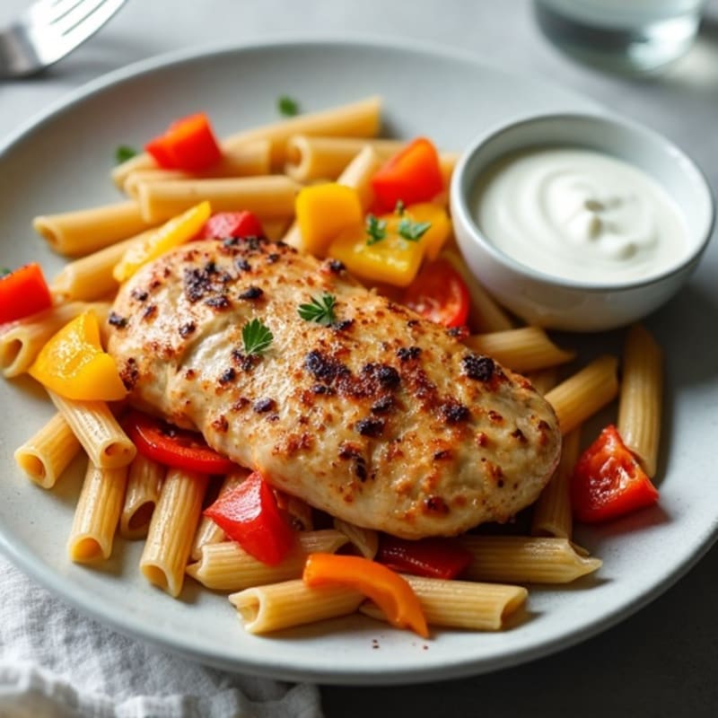 Creamy Blackened Chicken with Whole Wheat Pasta and Sautéed Bell Peppers