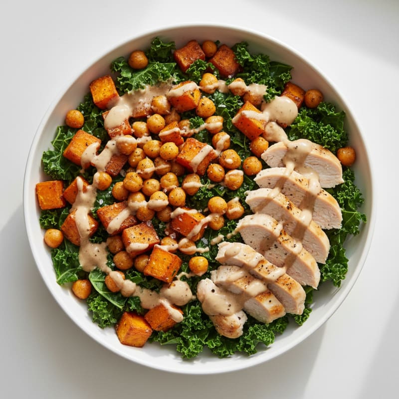 Roasted Sweet Potato Chickpea Kale Bowl