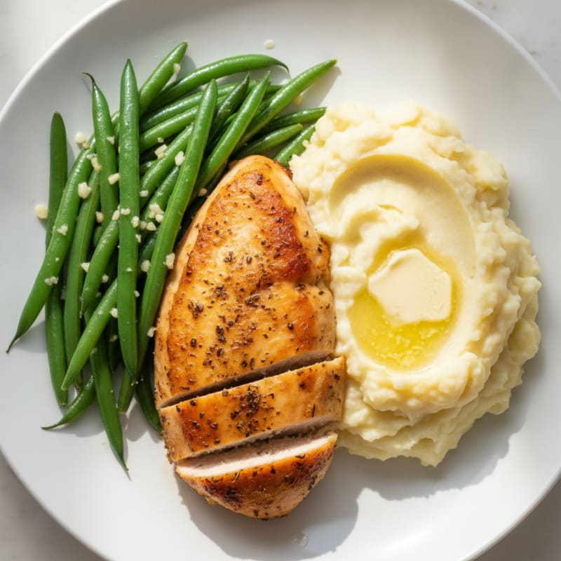 Roasted Chicken Breast with Creamy Mashed Potatoes and Steamed Green Beans