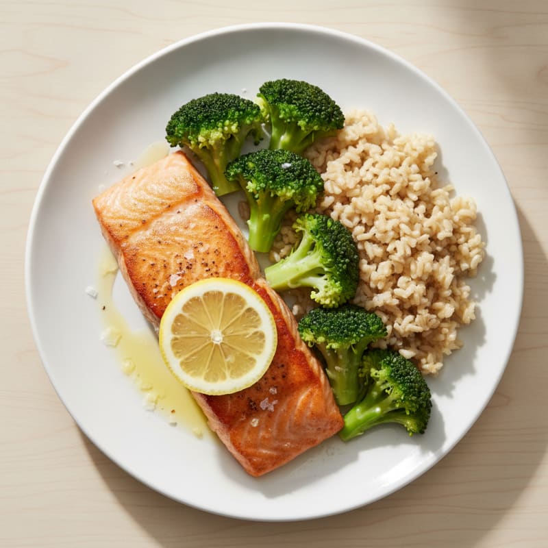 Seared Salmon with Steamed Broccoli and Brown Rice