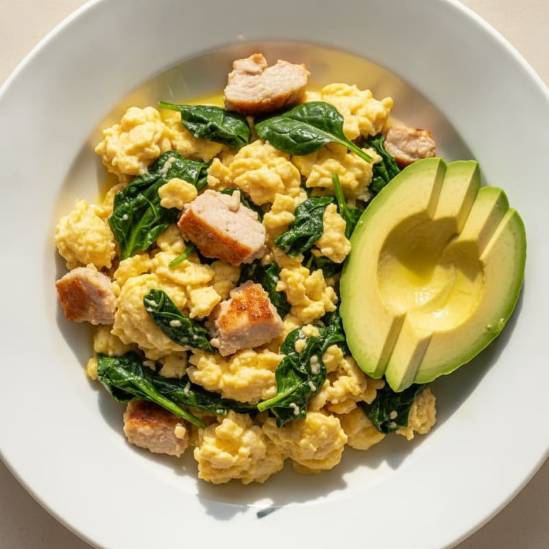 Creamy Scrambled Eggs with Smoked Turkey and Spinach