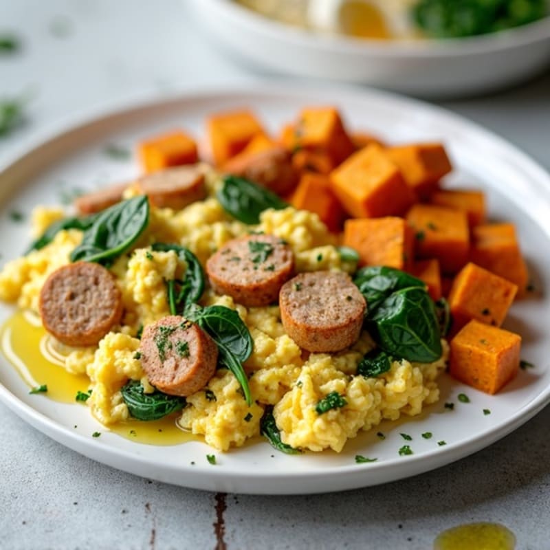 Egg White and Turkey Sausage Scramble with Spinach and Roasted Sweet Potato