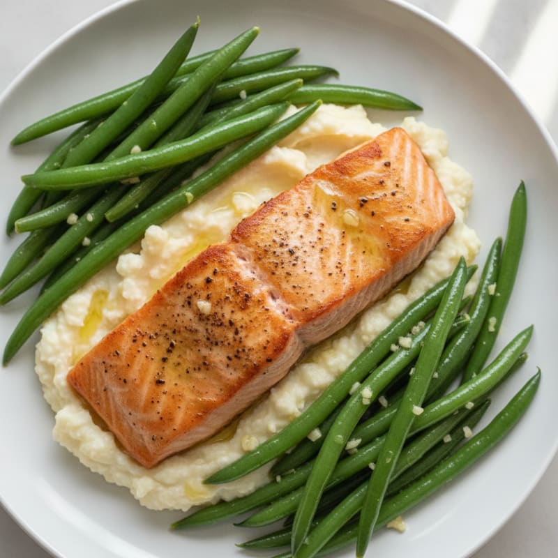 Seared Salmon with Garlic Green Beans and Cauliflower Mash