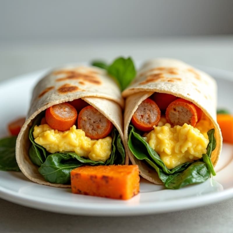Fluffy Scrambled Egg and Lean Turkey Sausage Burrito with Roasted Sweet Potato and Spinach