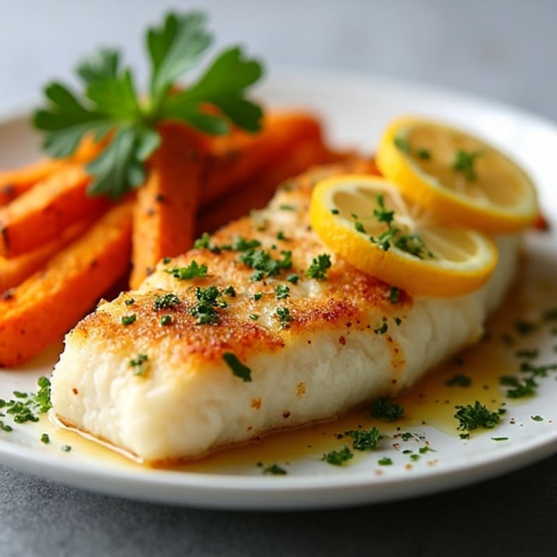 Crispy Baked Lemon Herb Cod with Roasted Sweet Potato Fries