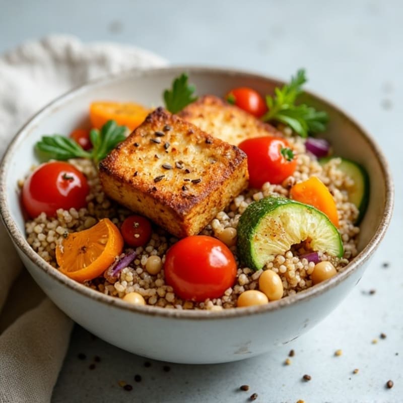Crispy Tofu and Roasted Vegetable Quinoa Bowl