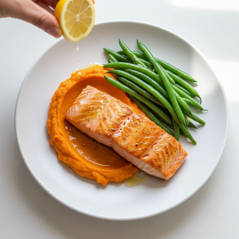 Seared Salmon with Steamed Green Beans and Sweet Potato Mash